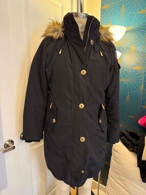 Michael Kora Women’s Black Faux-Fur Trim Winter Parka Jacket